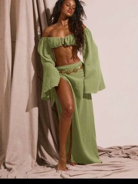 Musera Strapless Olive Green Open Leg Long Skirt with Matching Top